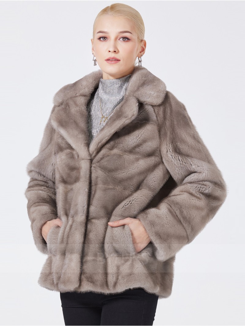 Cropped Length Real Mink Fur Women Jacket Silver Blue Stand Collar