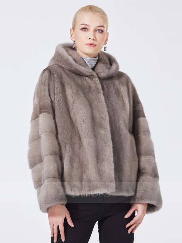 Cropped Length Real Mink Fur Female Jacket Silver Blue with Hood