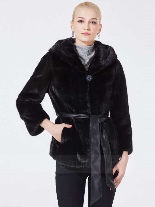 Hip Length Mink Fur Black Jacket Women with Shawl Hat