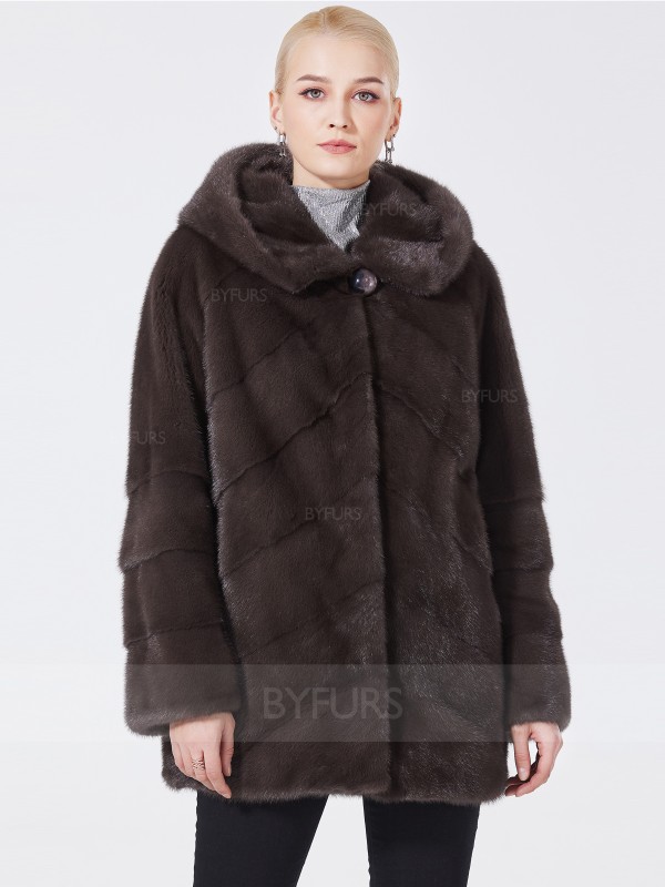 Mid-Length Female Mink Fur Coat Bean Paste Color Square Hat