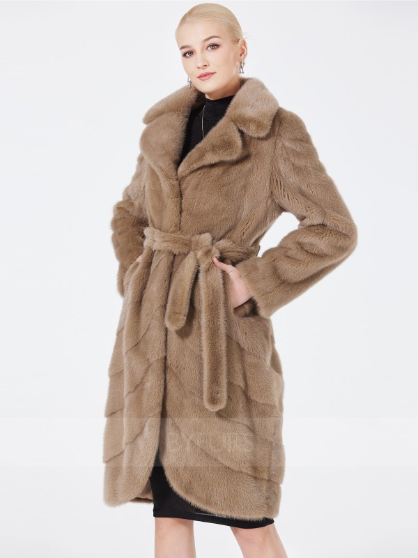 Knee Length Mink Fur Coat Female Camel Color Suit Collar with Girdle