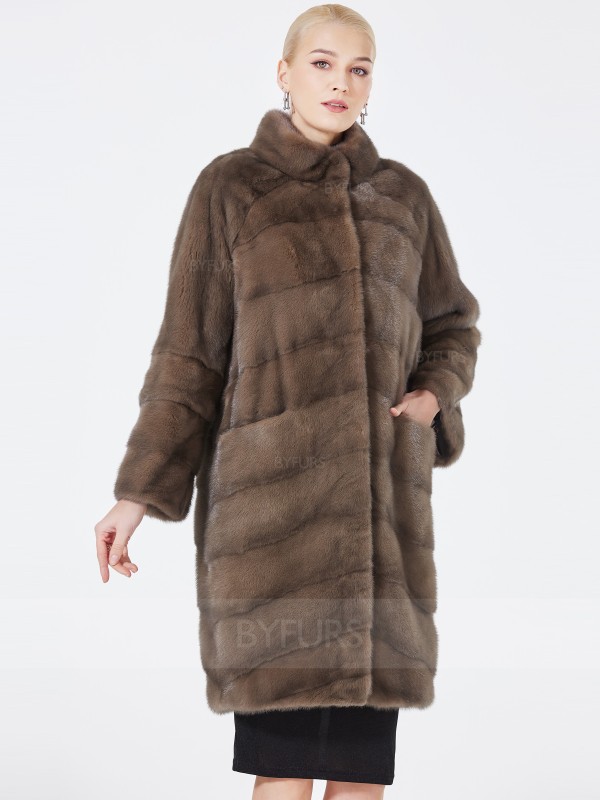 Knee Length Mink Fur Women Coat Beige Stand Collar with Pockets