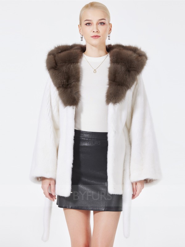 Hip Length Mink Fur Jacket Women White with Shawl Hat