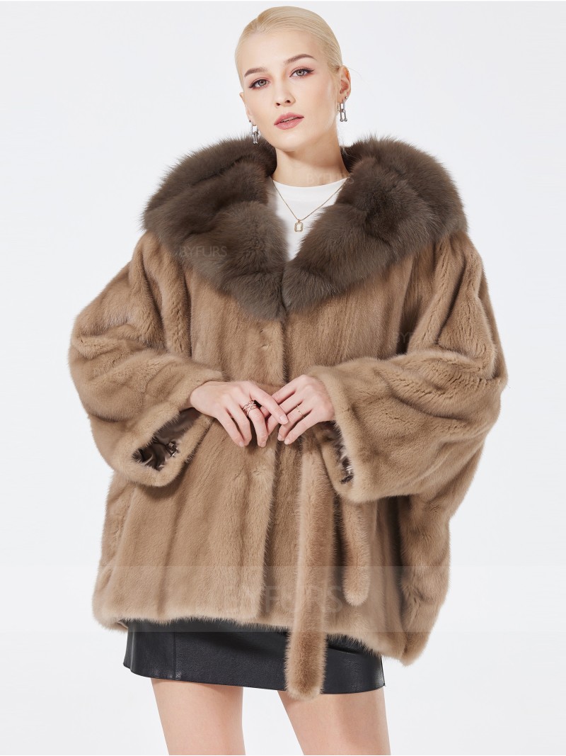 Hip Length Women Mink Fur Jacket with Girdle Shawl Hat