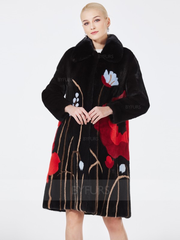 Knee Length Female Black Real Mink Fur Coat with Pattern