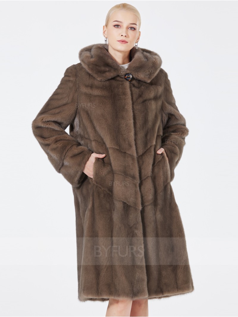 Knee Length Real Mink Fur Coat Female with Hood