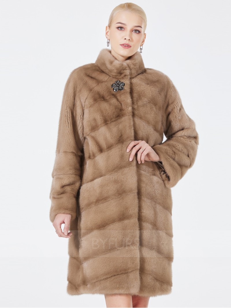 Knee Length Real Mink Fur Coat Stand Collar for Female