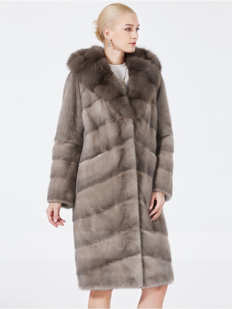 Knee Length Women Mink Fur Coat Silver Blue with Shawl Hat