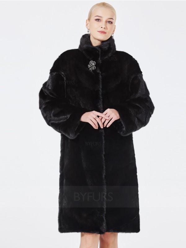 Knee Length Female Black Mink Fur Coat Stand Coat with Corsage