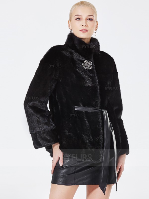 Cropped Length Black Real Mink Fur Jacket Female Stand Collar