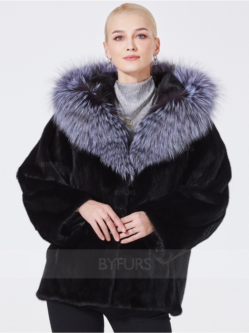 Cropped Length Real Mink Fur Jacket Black with Fox Shawl Hat