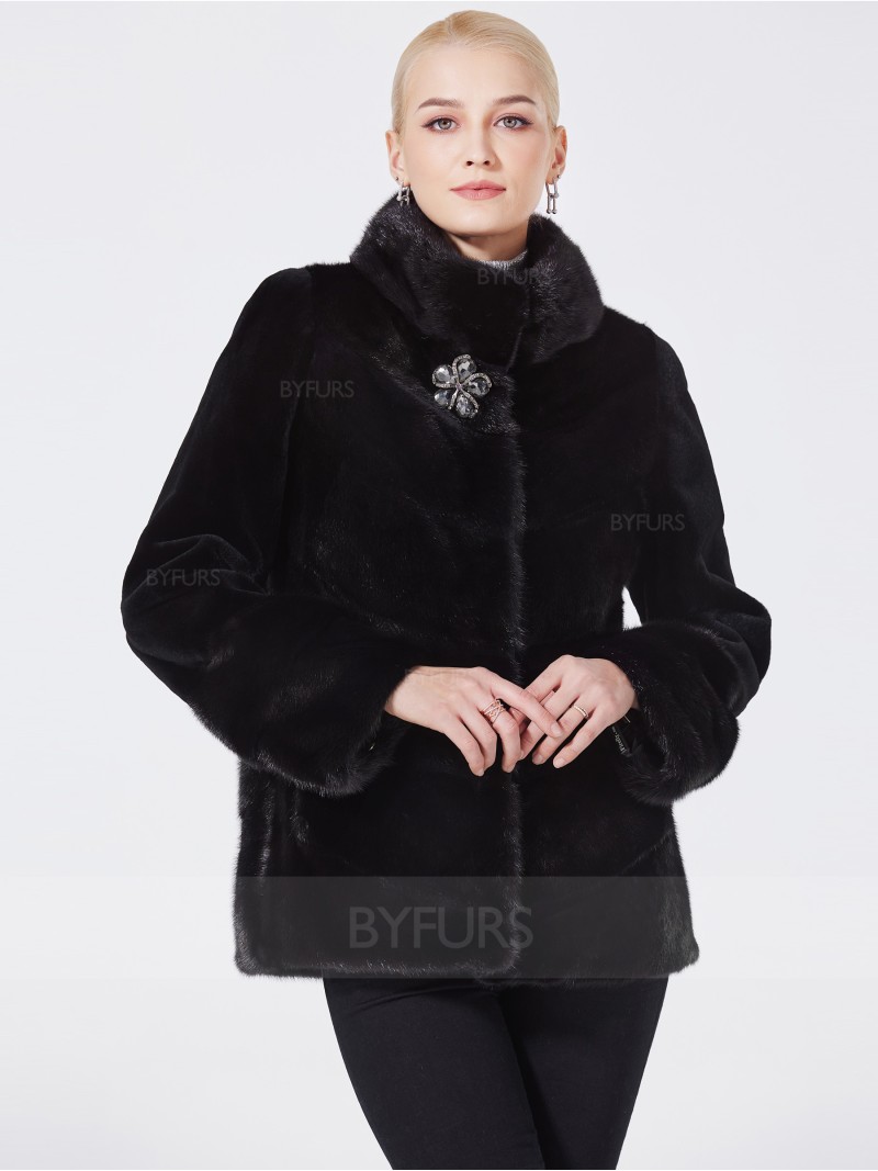 Cropped Length Mink Fur Jacket Black Stand Collar with Pockets