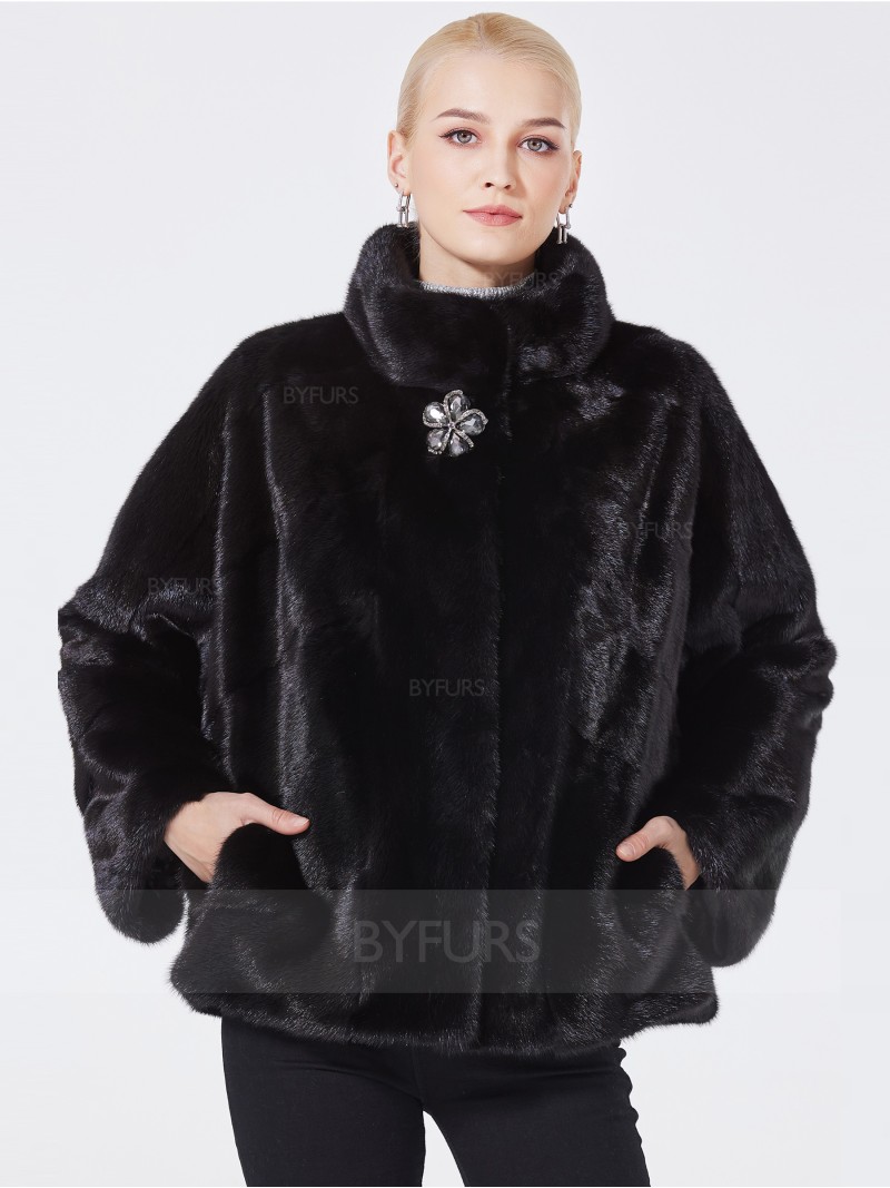 Cropped Length Black Mink Fur Jacket Stand Collar with Corsage