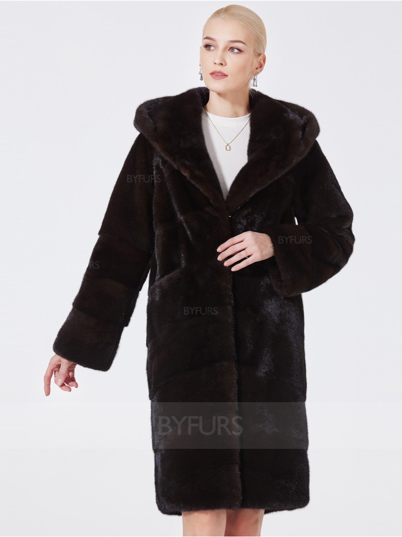 Knee Length Mink Fur Women Coat Shawl Hat with Pockets