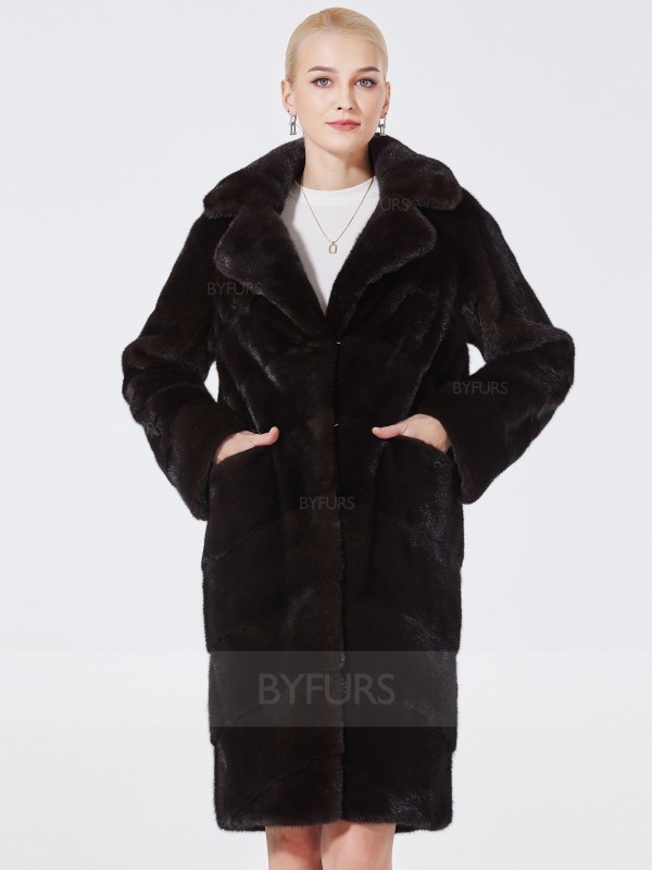 Knee Length Women Real Mink Fur Coat Suit Collar with Pockets