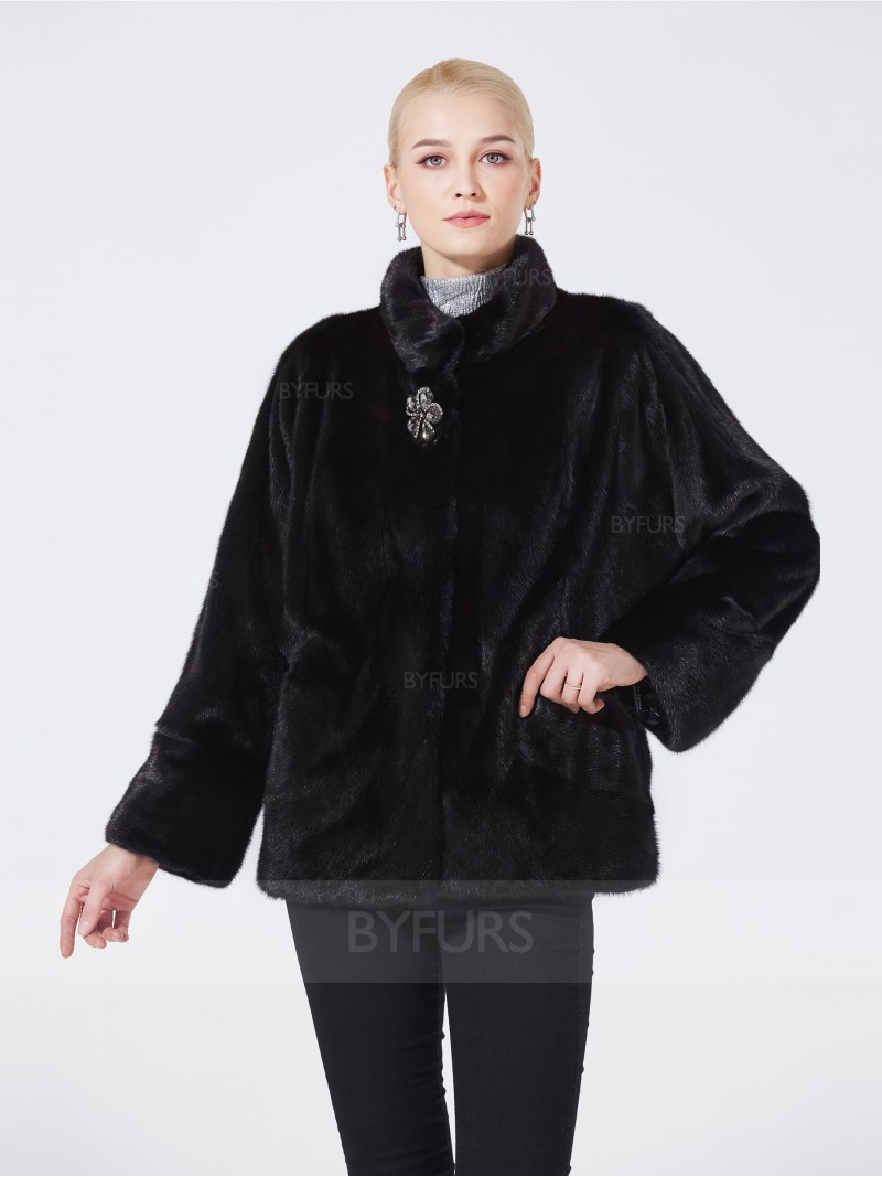 Cropped Length Mink Fur Female Jacket Black Stand Collar with Corsage