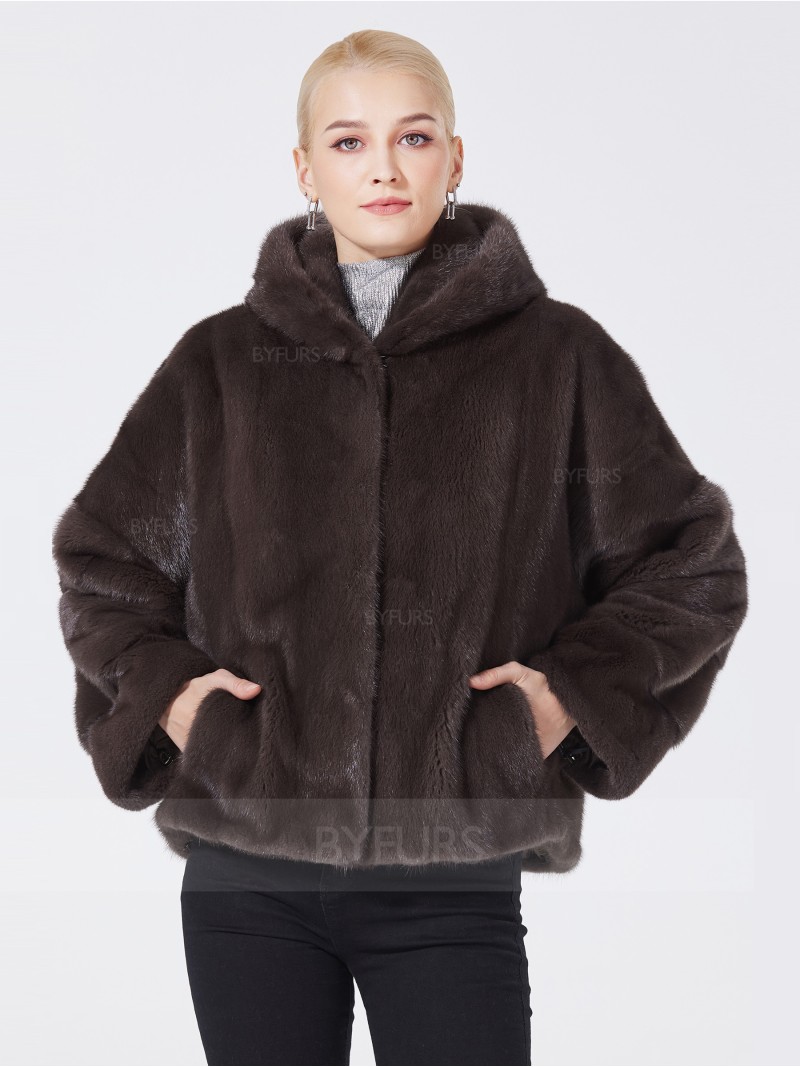 Cropped Length Female Mink Fur Jacket Bean Paste Color with Pockets Hood