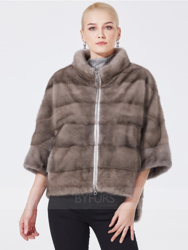 Zipper Real Mink Fur Short Jacket Women Silver Blue Stand Collar