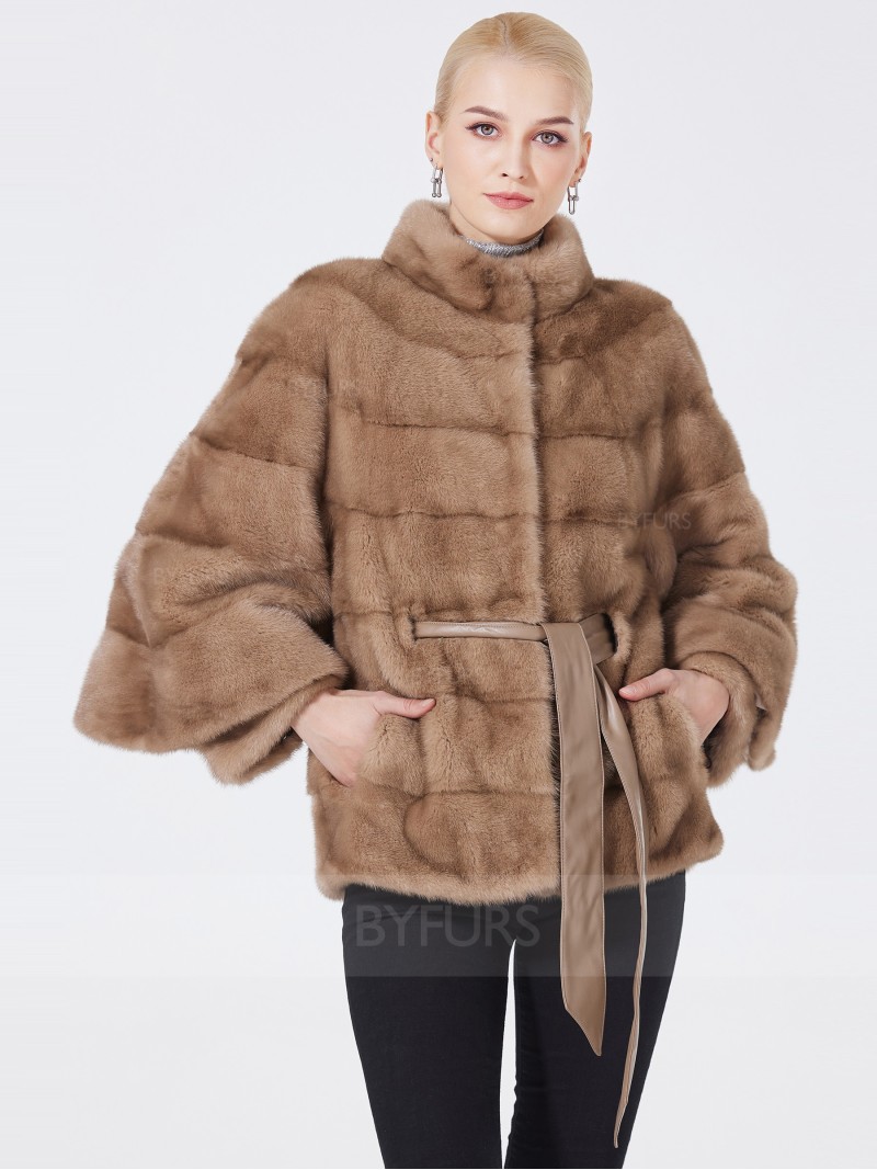 Hip Length Mink Fur Jacket Women Stand Collar with Girdle