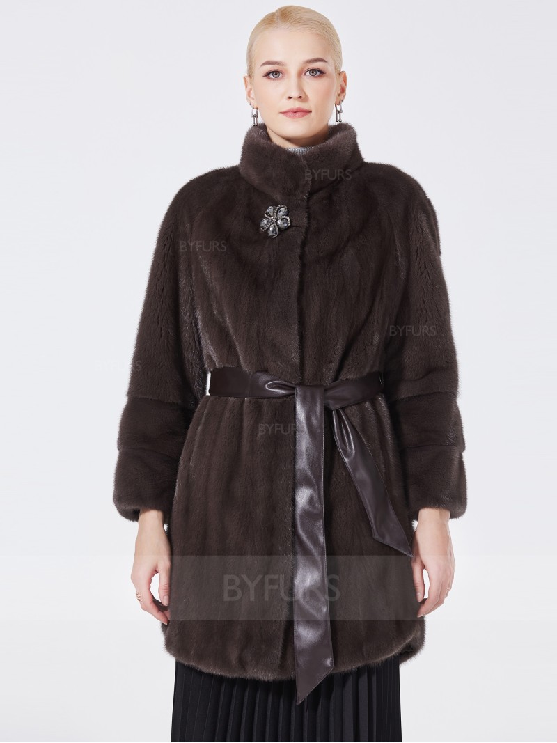 Women Mink Coat Mid-Length Bean Paste Color Stand Collar with Corsage Waistband