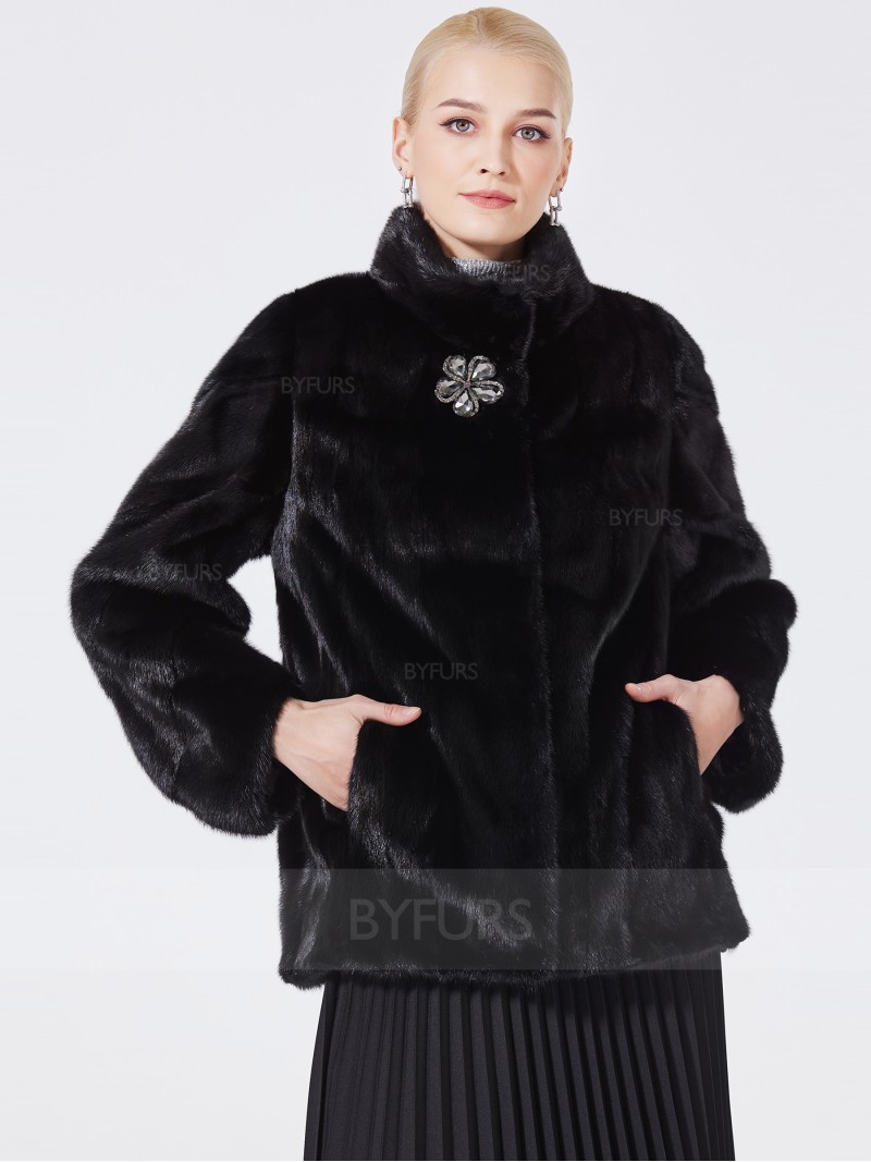 Cropped Length Real Mink Fur Stand Collar Jacket Female Black with Corsage