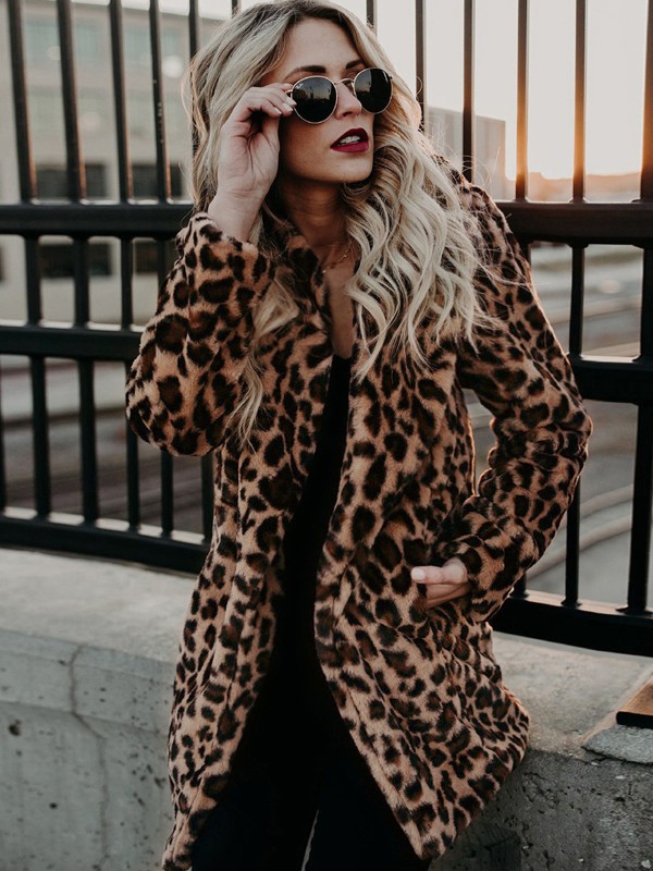 Leopard Faux Fur Women Fashion Jacket Winter Warm Hip Length