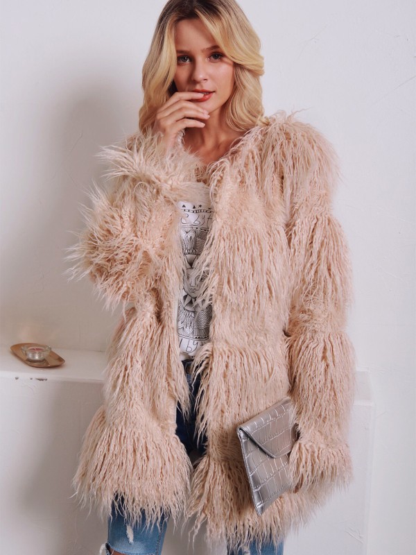 Pink Faux Fur Coat Women European and American Fashion Round Neck Long Outerwear