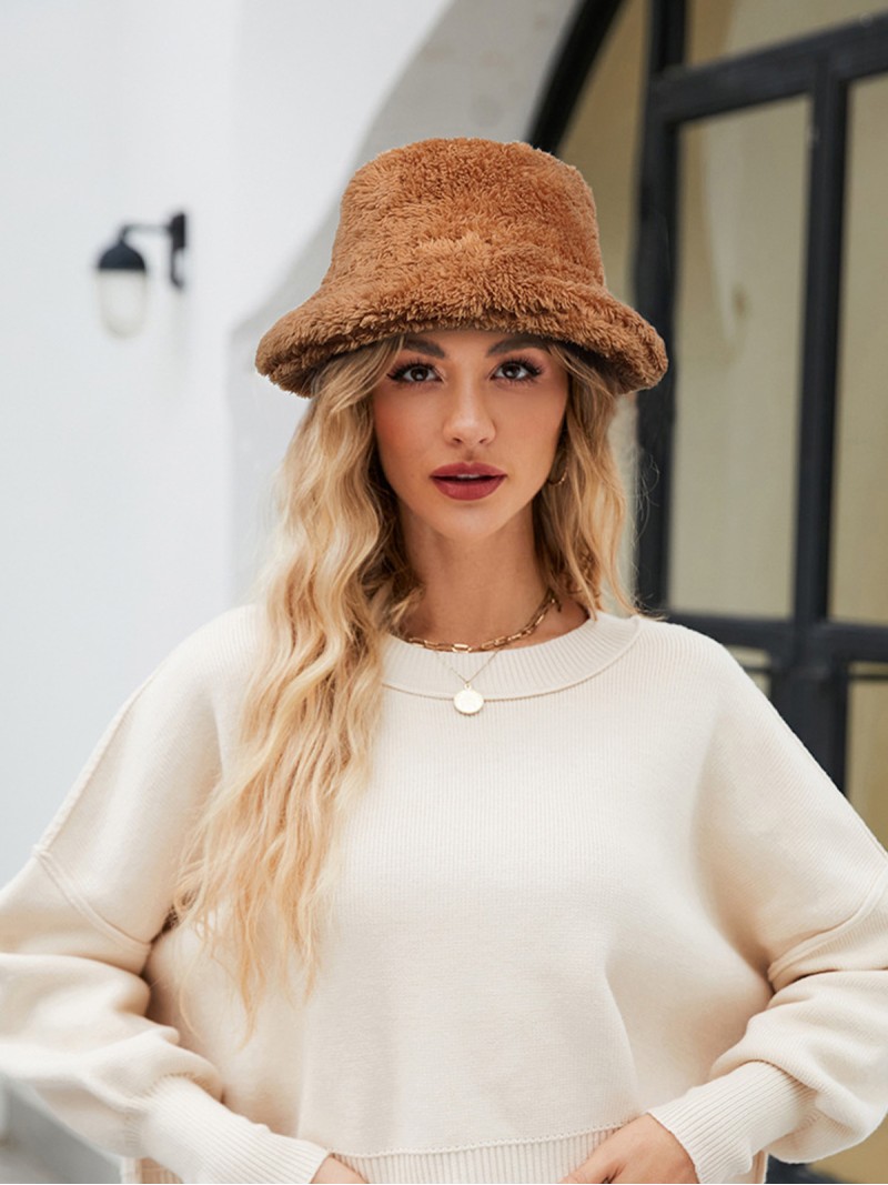 Faux Fur Bucket Hat Women Plush Warm Fisherman Cap