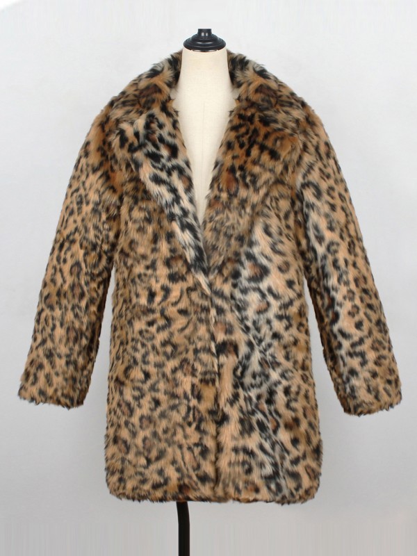 Abrigo De Piel Sintética De Leopardo Para Mujer Cuello De Traje Manga Larga Abrigo De Felpa