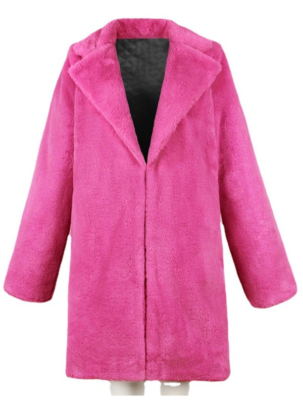 Women Imitation Fur Rose Red Coat Suit Collar Autumn Winter Plush Long Outerwear