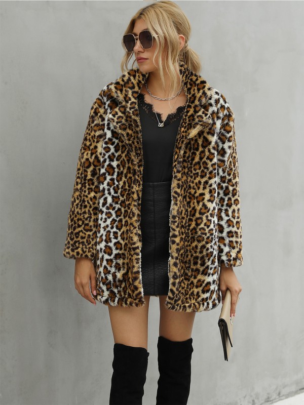 Abrigo Largo De Piel Sintética De Leopardo Para Mujer Tops Con Cuello Y Bolsillos