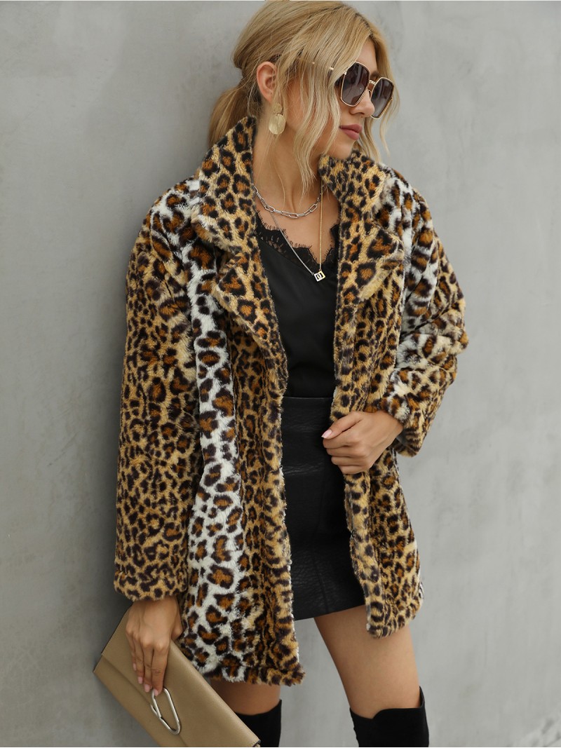 Abrigo Largo De Piel Sintética De Leopardo Para Mujer Tops Con Cuello Y Bolsillos