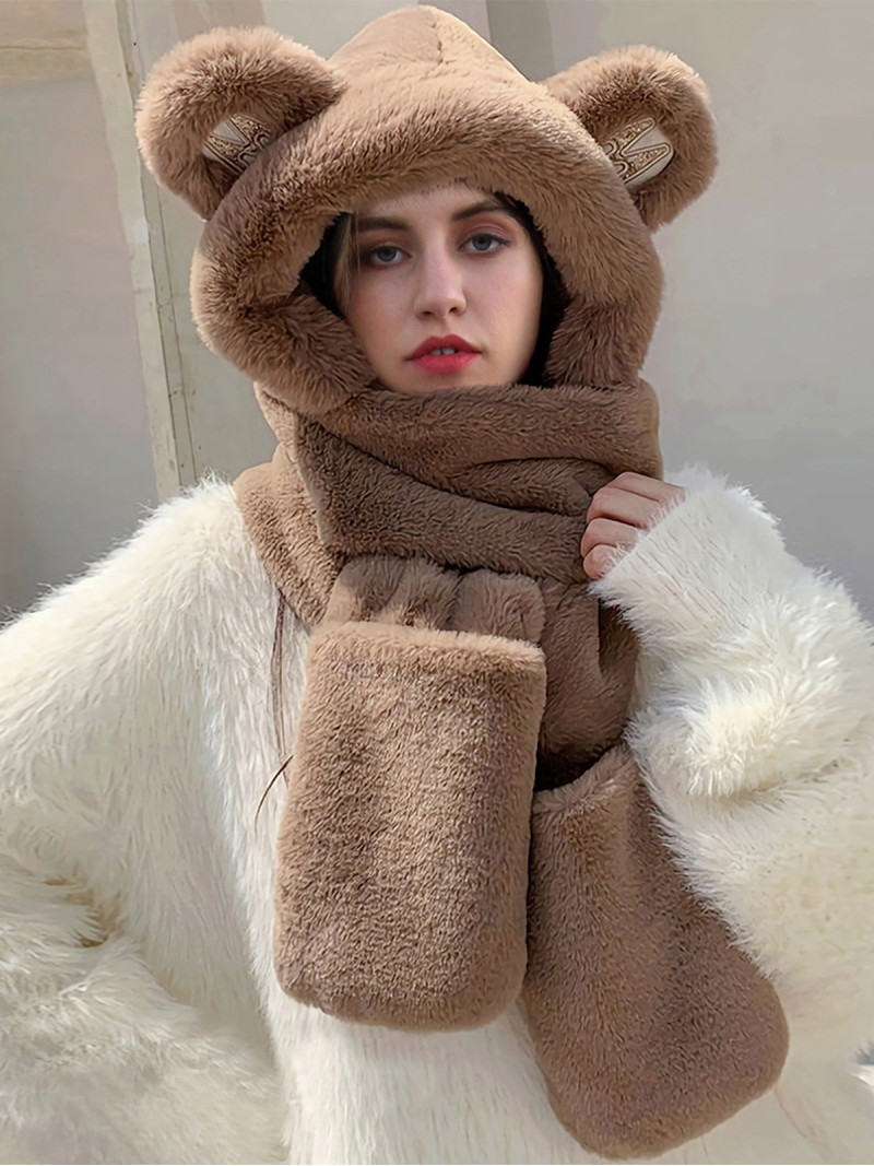 Sombrero De Piel Sintética Para Mujer Gorros Con Forma De Oso Bufandas Guante Mantón De Invierno