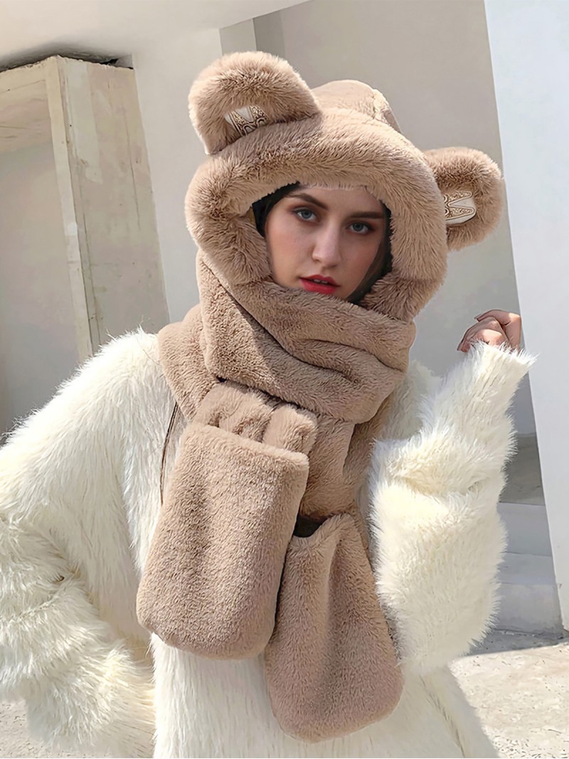 Sombrero De Piel Sintética Para Mujer Gorros Con Forma De Oso Bufandas Guante Mantón De Invierno