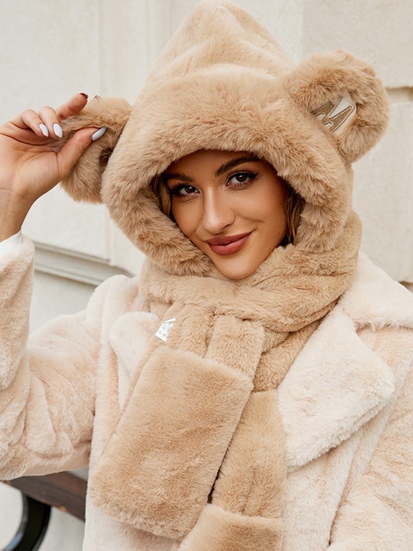 Faux Fur Hat Bear Winter Women Kawaii Cap Casual Plush Scarf Gloves All In One Headwear