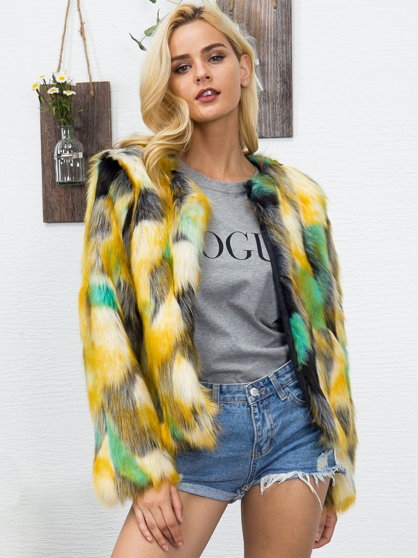 Amarillo Verde Gradiente Color Chaqueta Faux Fur Short Outwear Para Mujer