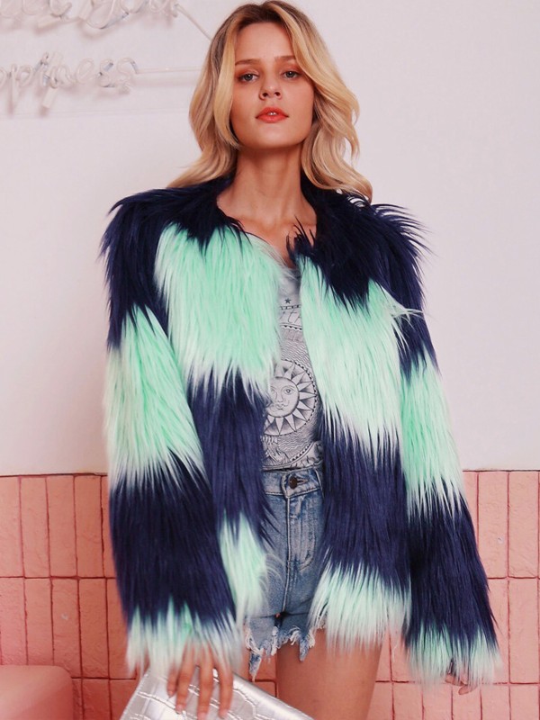 Faux Fur Jacket Women Blue-Green Stripes Autumn and Winter Long Sleeve Plush Tops