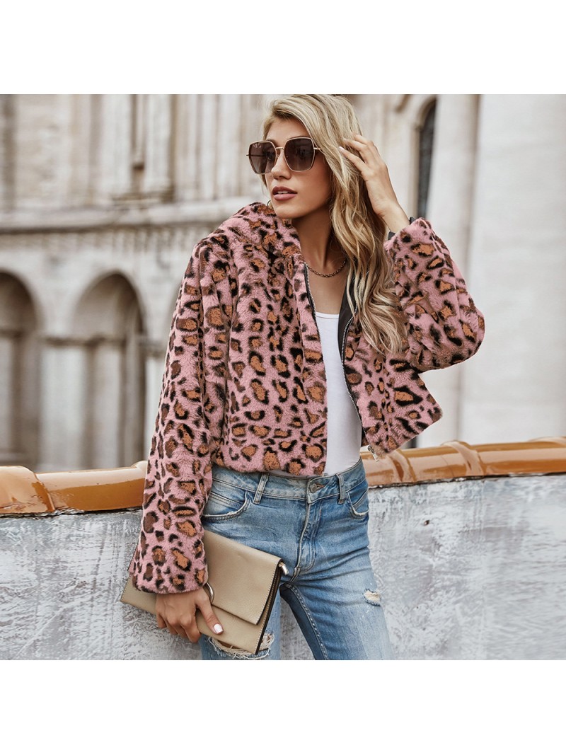 Chaqueta De Piel Sintética De Leopardo Mujer Corta Moda Casual Tapas De Felpa Con Capucha