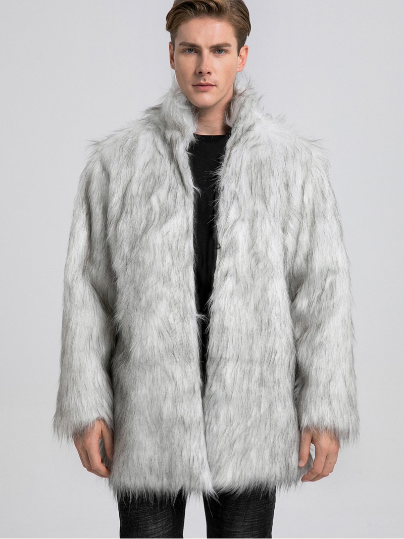 Faux Fur Jacket Male Stand Collar Warm Autumn and Winter Mid-Length Plush Tops