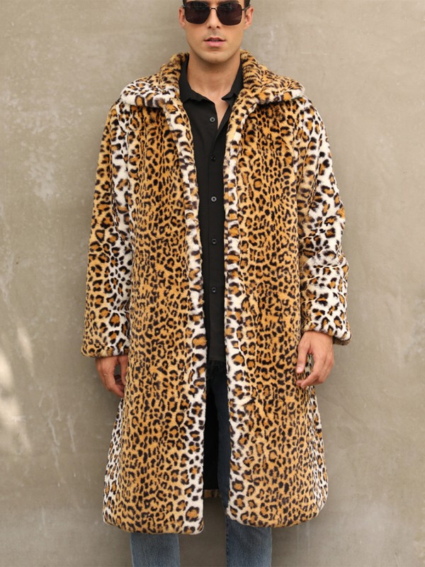 Leopard Faux Fur Coat Square Collar Male Winter Casual Fashion Overcoat