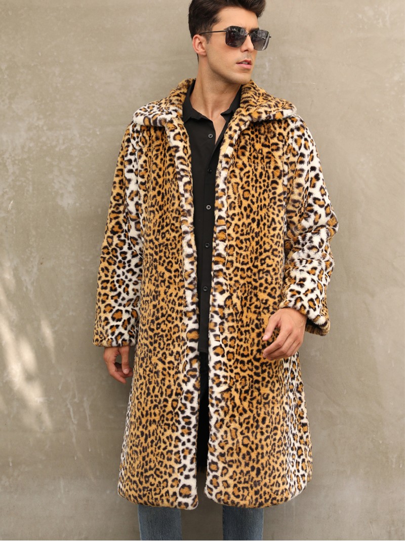 Abrigo De Piel Sintética Leopardo Con Cuello Cuadrado Para Hombre Sobretodo Moda Informal Invierno