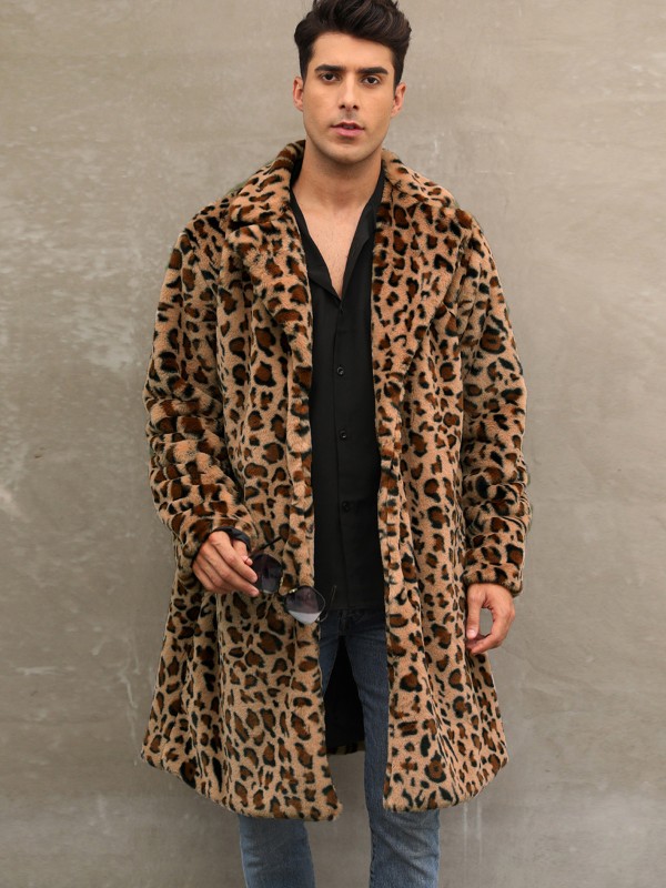 Hombre Largo Leopardo Imitación Piel Abrigo Cuello De Traje Moda Informal Cálido Ropa De Calle