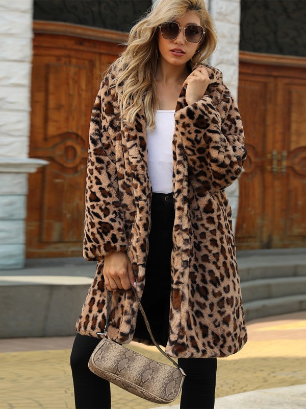 Female Commuter Style Faux Fur Coat Casual Leopard Outerwear Suit Collar