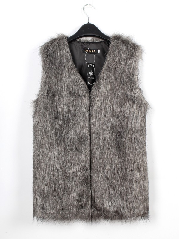 Women Faux Fur Vest Gray European and American Mid-Length Sleeveless Plush Tops