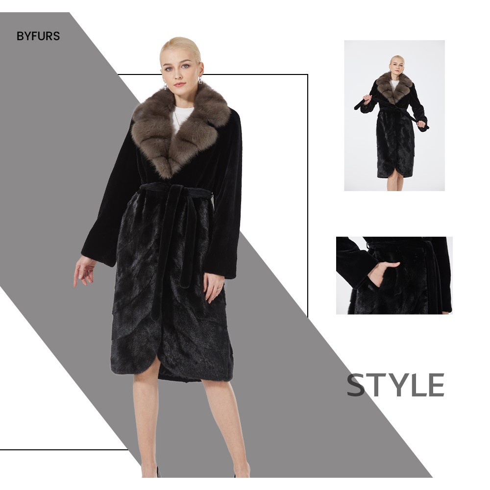 Black Hooded Fur Coat with Mink Collar