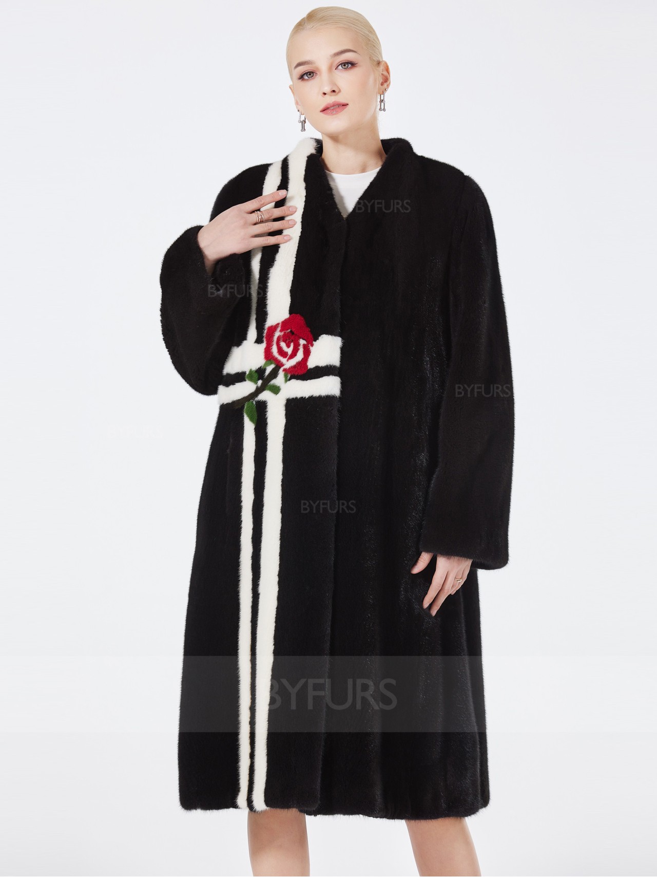 Knee Length Version Mink Fur Coat With Flower Pattern - BYFURS