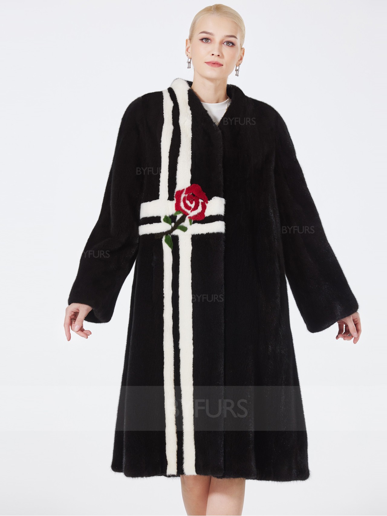 Knee Length Version Mink Fur Coat With Flower Pattern - BYFURS